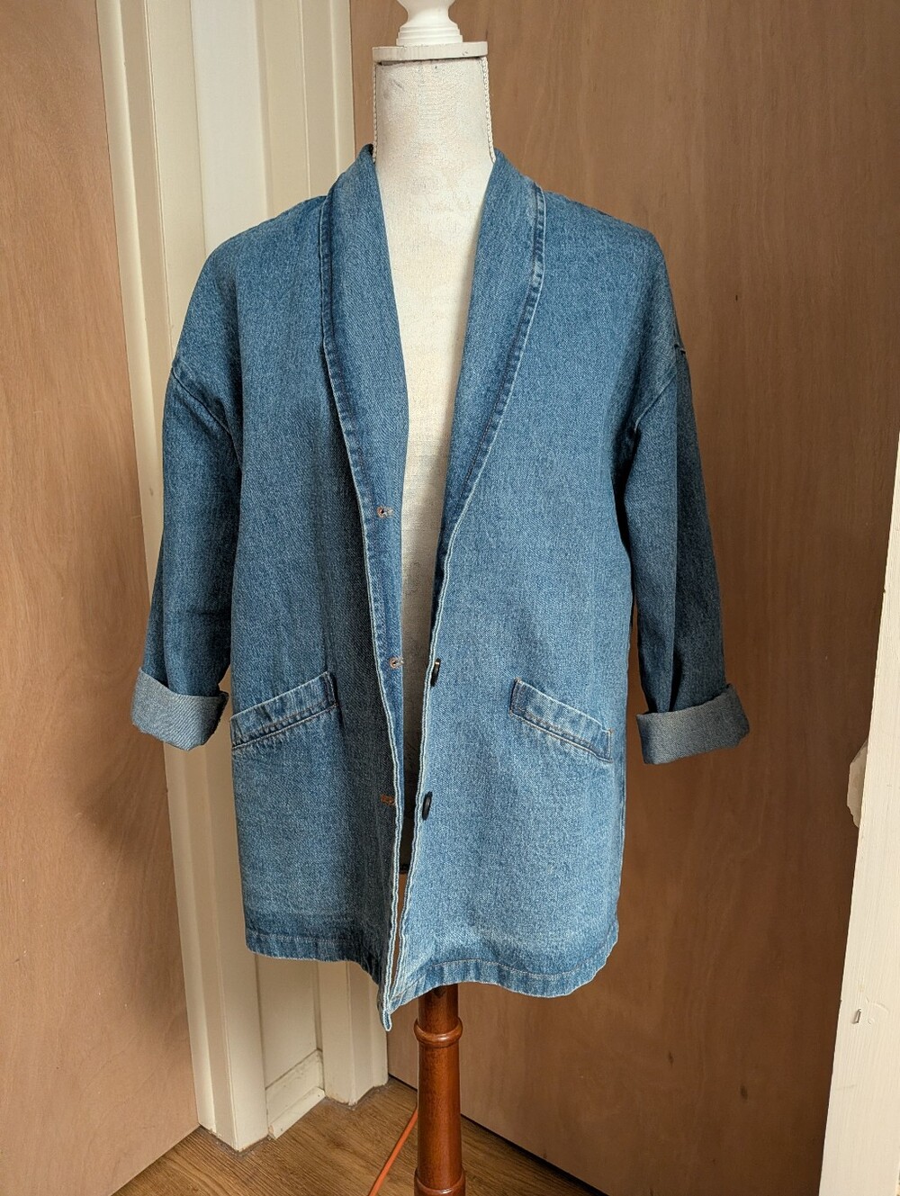 Promesa Size Small Oversized Denim Cardigan Jacket Open Front Blue Jean Utility